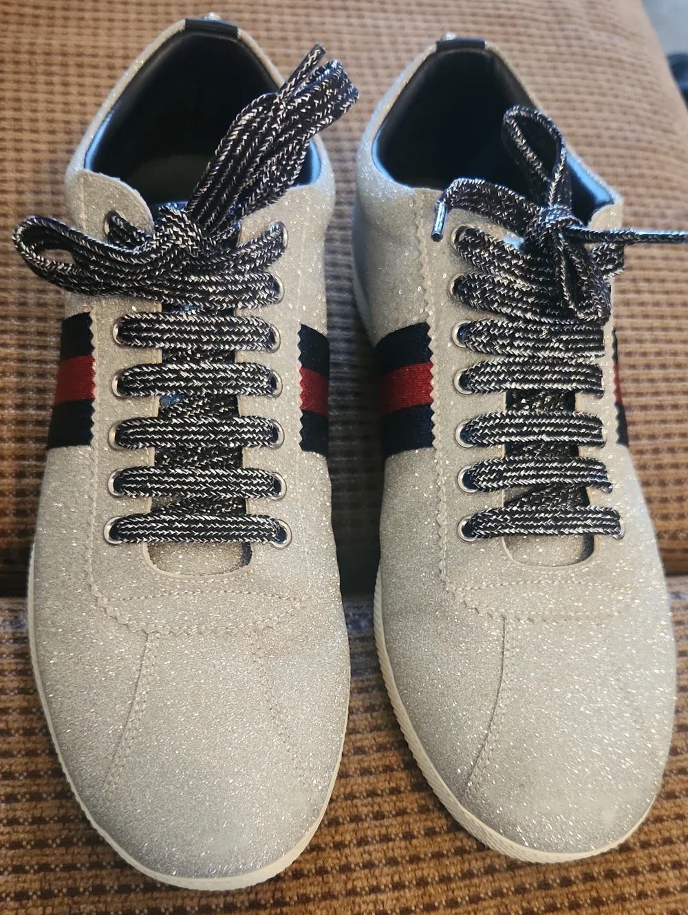 Gucci Silver Glitter Men's Low-Top Sneakers with Black & Red Stripe